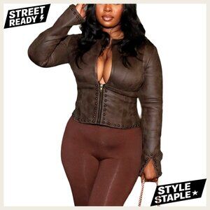 Cropped Faux Leather Jacket Women Long Sleeve Studded Zip Up Bomber